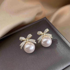 Bow Sparkle Diamond Pearl Stud Earrings - Mall Mega