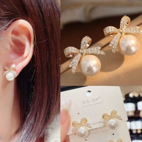 Bow Sparkle Diamond Pearl Stud Earrings - Mall Mega