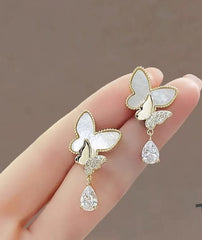 Double Butterfly Hanging Pearl Earings - Mall Mega