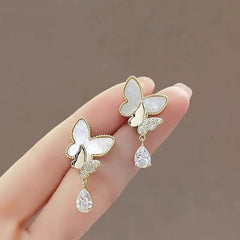 Double Butterfly Hanging Pearl Earings - Mall Mega