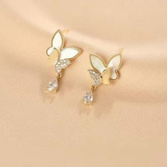 Double Butterfly Hanging Pearl Earings - Mall Mega