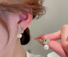 Korean Diamond Swan Pearl Earrings - Mall Mega