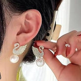 Korean Diamond Swan Pearl Earrings - Mall Mega