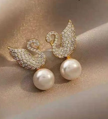 Korean Diamond Swan Pearl Earrings - Mall Mega