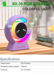 BX-39 Mini G Wireless Speaker with RGB light features colorful design and specifications on a table.