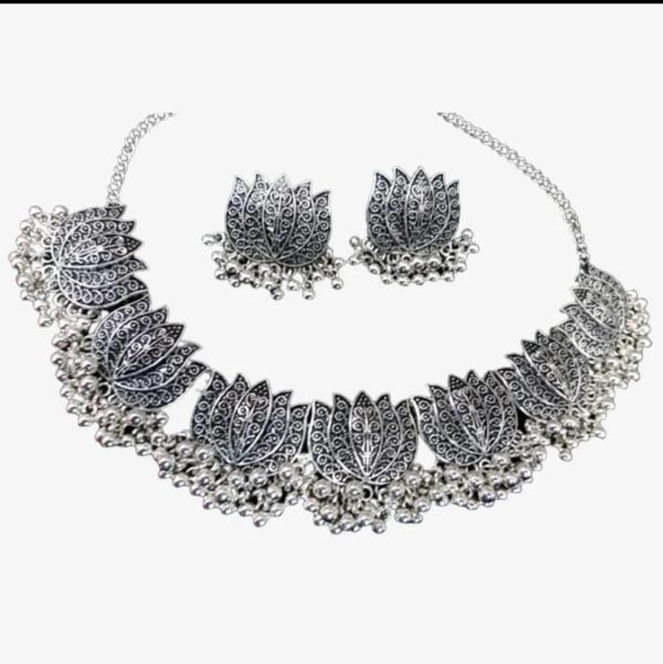 Antique Silver Afghani Flower Choker Necklace With Earrings For Women & Girls - Mall Mega