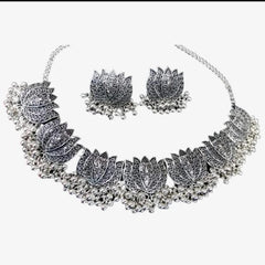 Antique Silver Afghani Flower Choker Necklace With Earrings For Women & Girls - Mall Mega