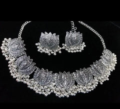 Antique Silver Afghani Flower Choker Necklace With Earrings For Women & Girls - Mall Mega