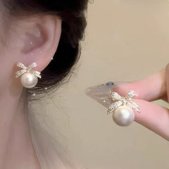 Bow Sparkle Diamond Pearl Stud Earrings - Mall Mega