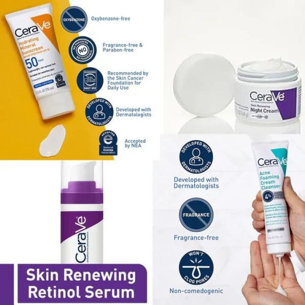 Cerave 4 In 1 Skincare Kit Night Cream, Sunblock, Cleanser & Serum For Radiant Skin - Mall Mega
