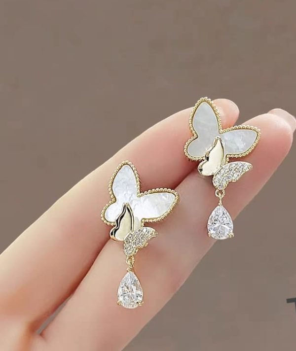 Double Butterfly Hanging Pearl Earings - Mall Mega
