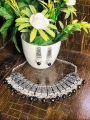 Latest Style And Cultural Jewelry Black Pearl Beautiful Silver Choker With Drop Earrings For All Ages Women - Mall Mega