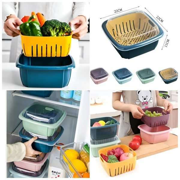 Multi - function Double - layer Draining Storage Basket With Lid - Mall Mega