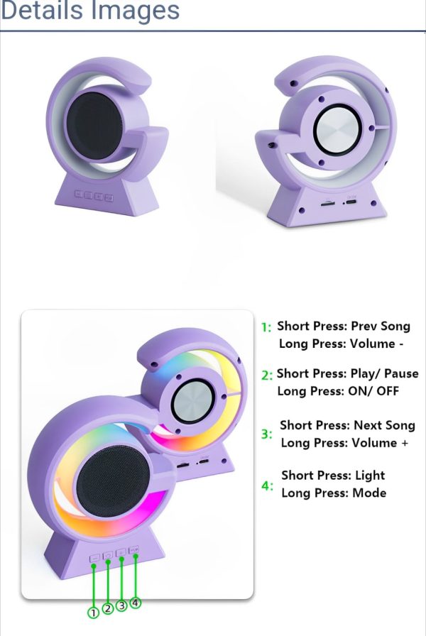 BX-39 Mini G Wireless Speaker in purple, showcasing controls for light and sound functions.