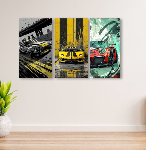 Set Of 3 Cars Art Wooden Frames For Wall Decoration / Sticky Photo Tiles - Mall Mega