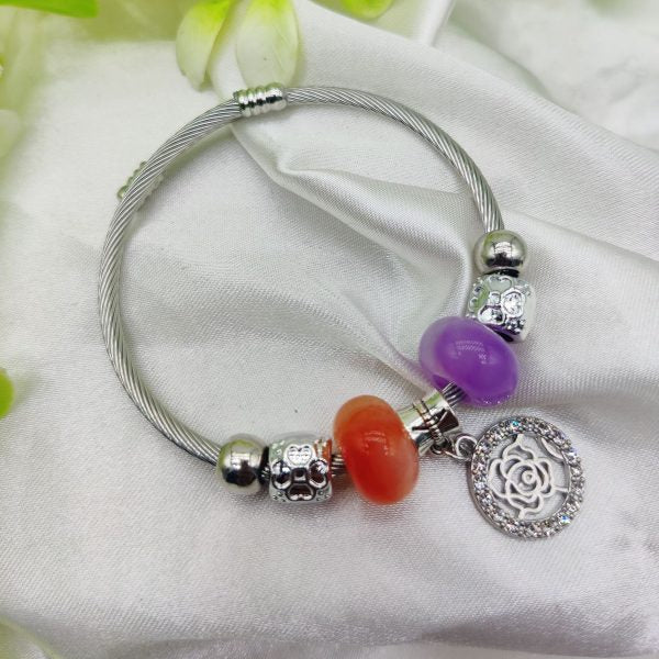 1 Piece Imported Elegant Pandora Bracelet With Rose Charm And Beaded Accents - Mall Mega