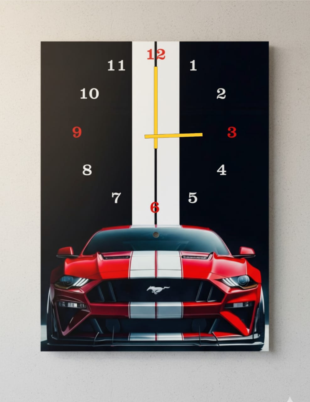 Racing Stripe Wall Clock with Red Mustang Print – Wooden 12x16 Inch