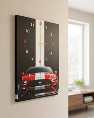 Racing Stripe Wall Clock with Red Mustang Print – Wooden 12x16 Inch